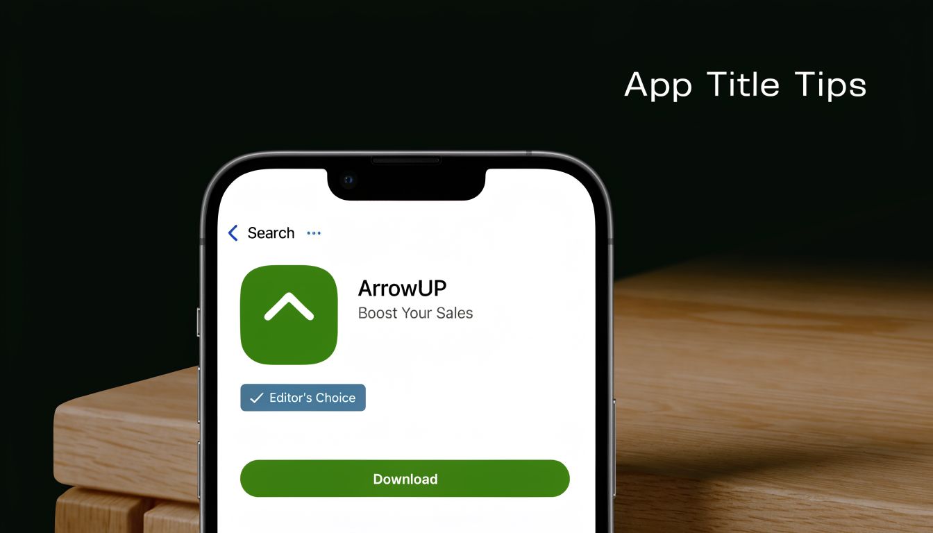 A smartphone screen displaying an app store listing with the app title ArrowUP and a download button.