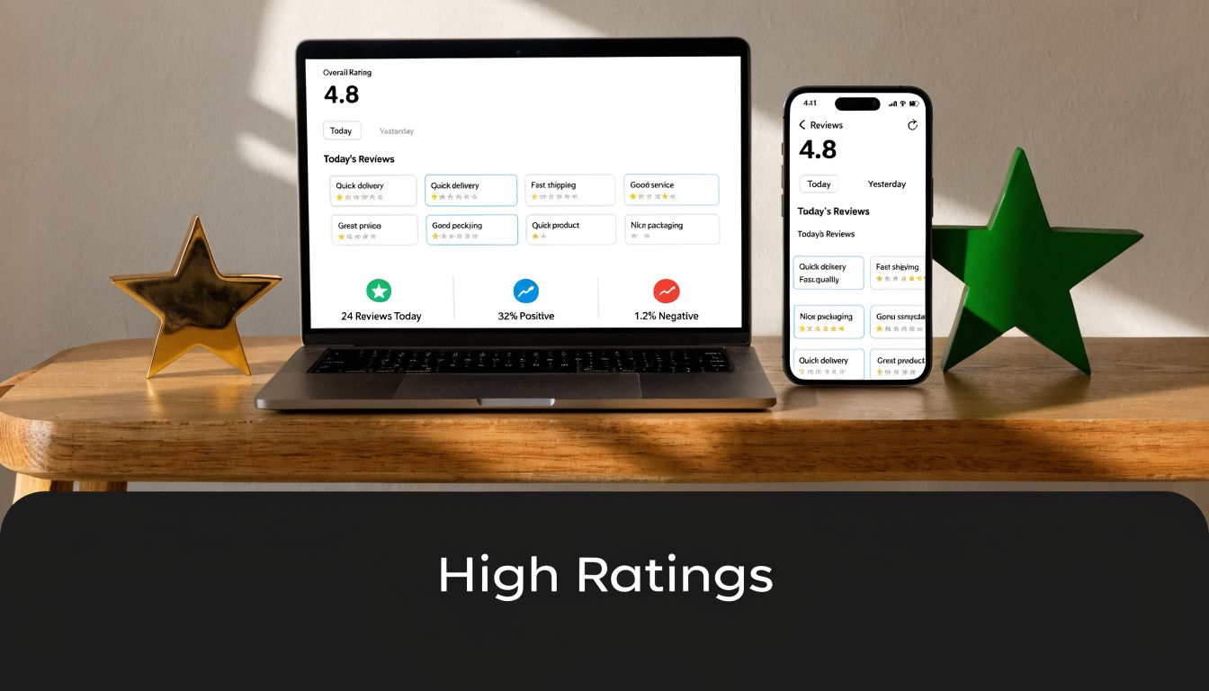 A laptop and smartphone displaying a customer review dashboard with high ratings on a wooden desk.