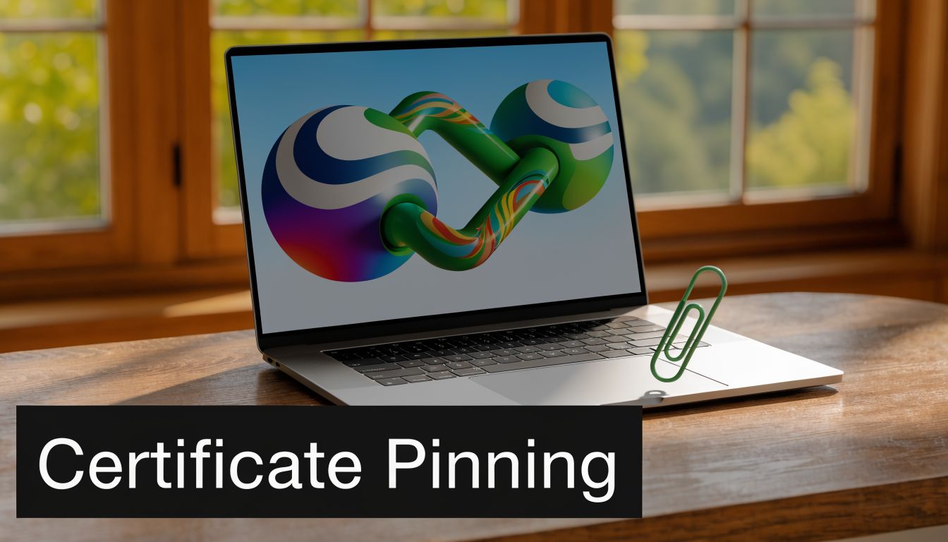 A laptop on a wooden desk displaying an abstract infinity shape with a paperclip on the trackpad.