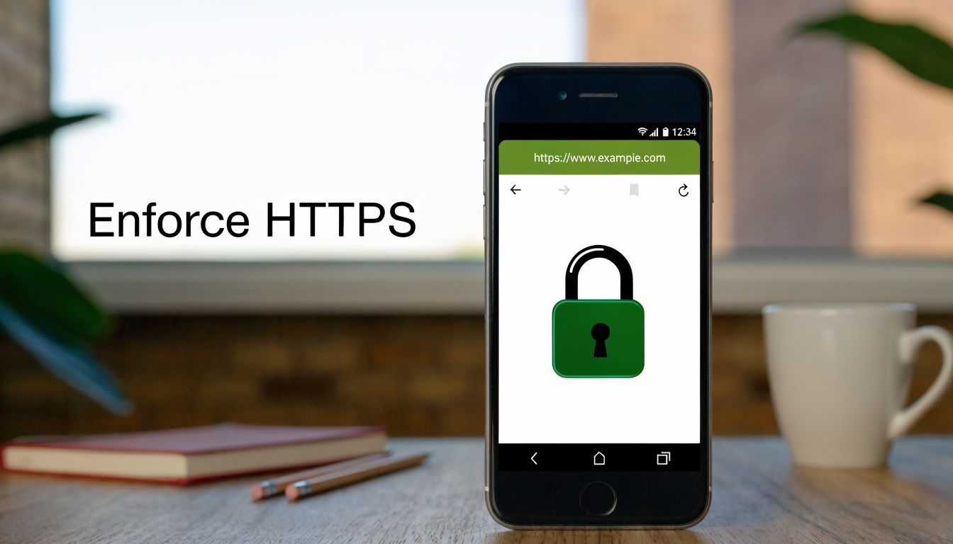 A smartphone on a wooden desk displaying a green secure padlock icon representing enforced HTTPS website security.