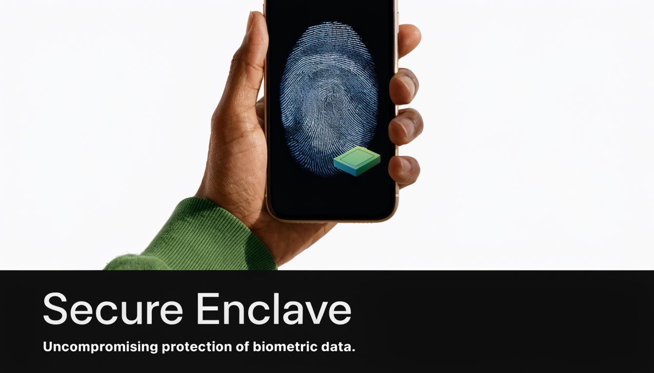 A hand holding a smartphone displaying a digital fingerprint icon representing secure biometric data protection.