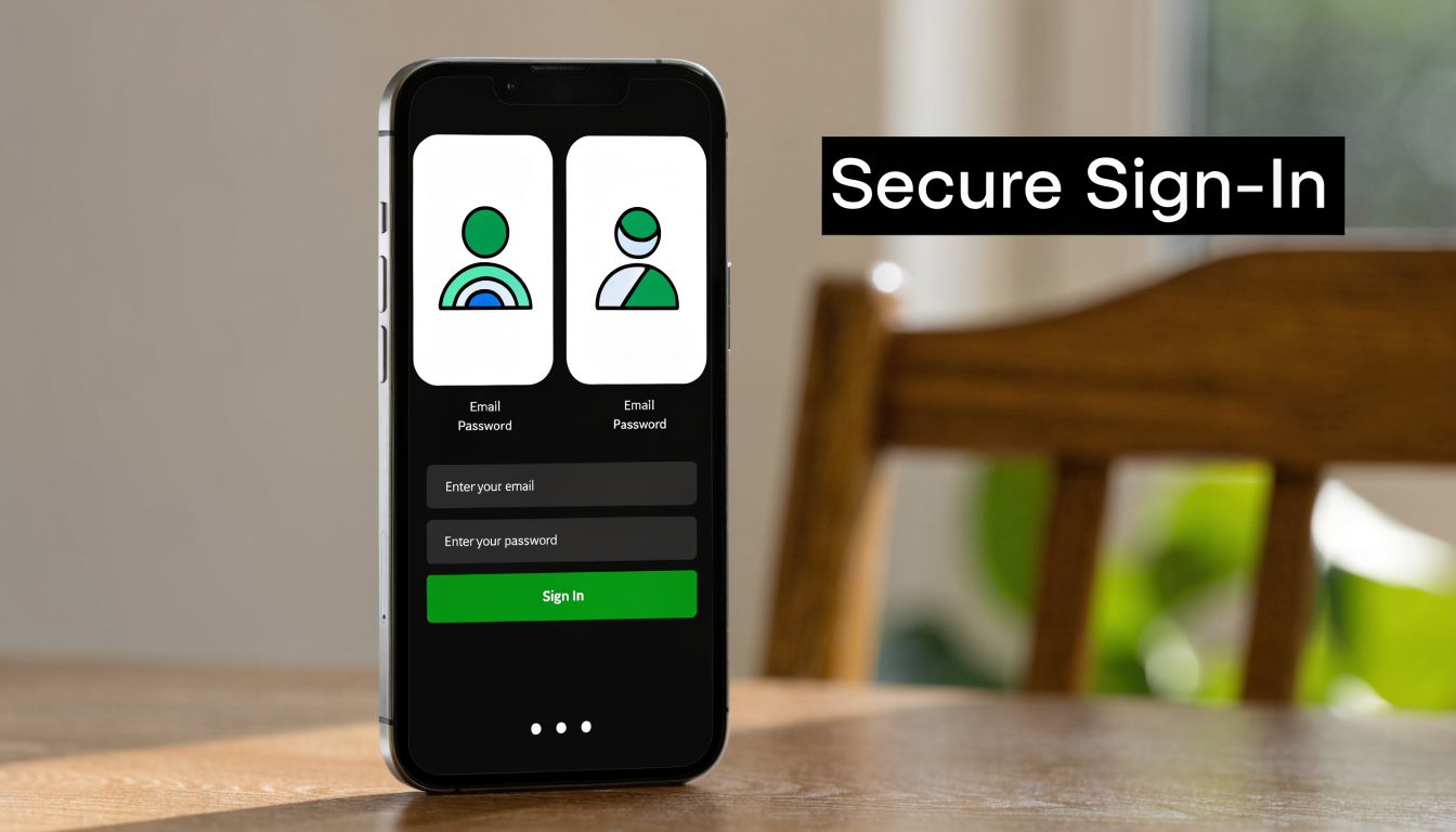 A smartphone screen displaying a secure sign-in interface with email and password fields for user authentication.