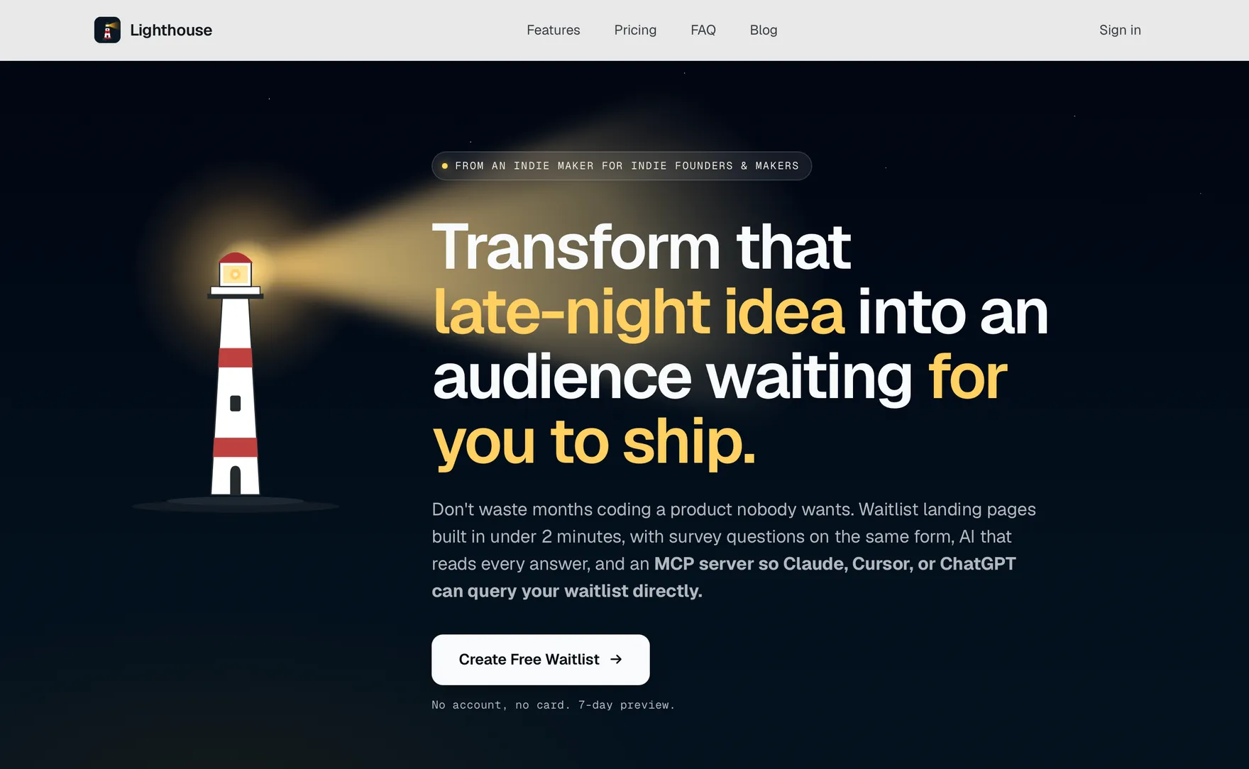 Lighthouse landing page: a waitlist and survey tool for indie makers, with survey questions on the signup form, AI that reads answers, and an MCP server