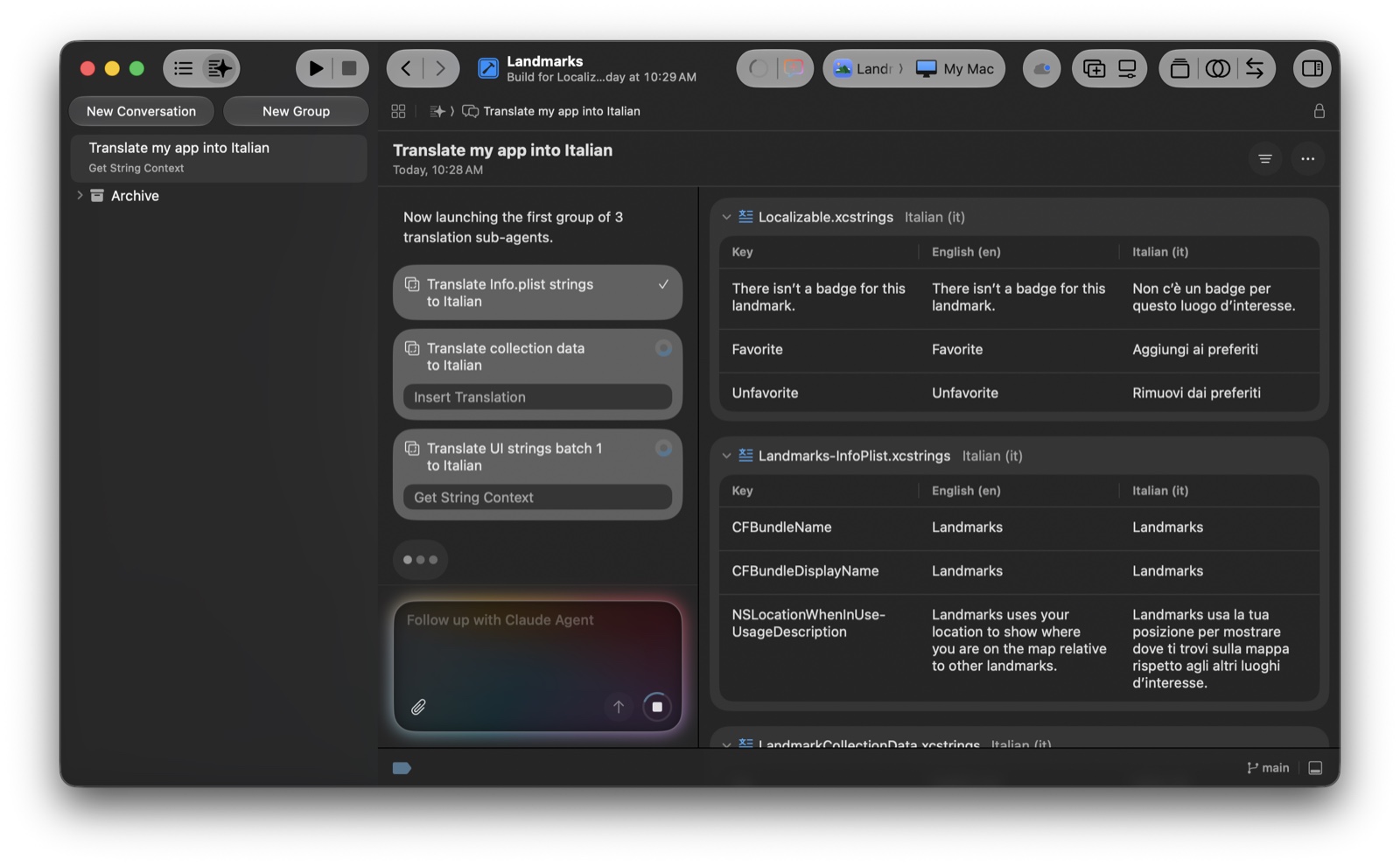 Xcode 27 translation conversation pane showing three sub-agents running in parallel to translate an iOS app into Italian, with Insert Translation and Get String Context tool calls visible, and Italian translations landing in Localizable.xcstrings on the right