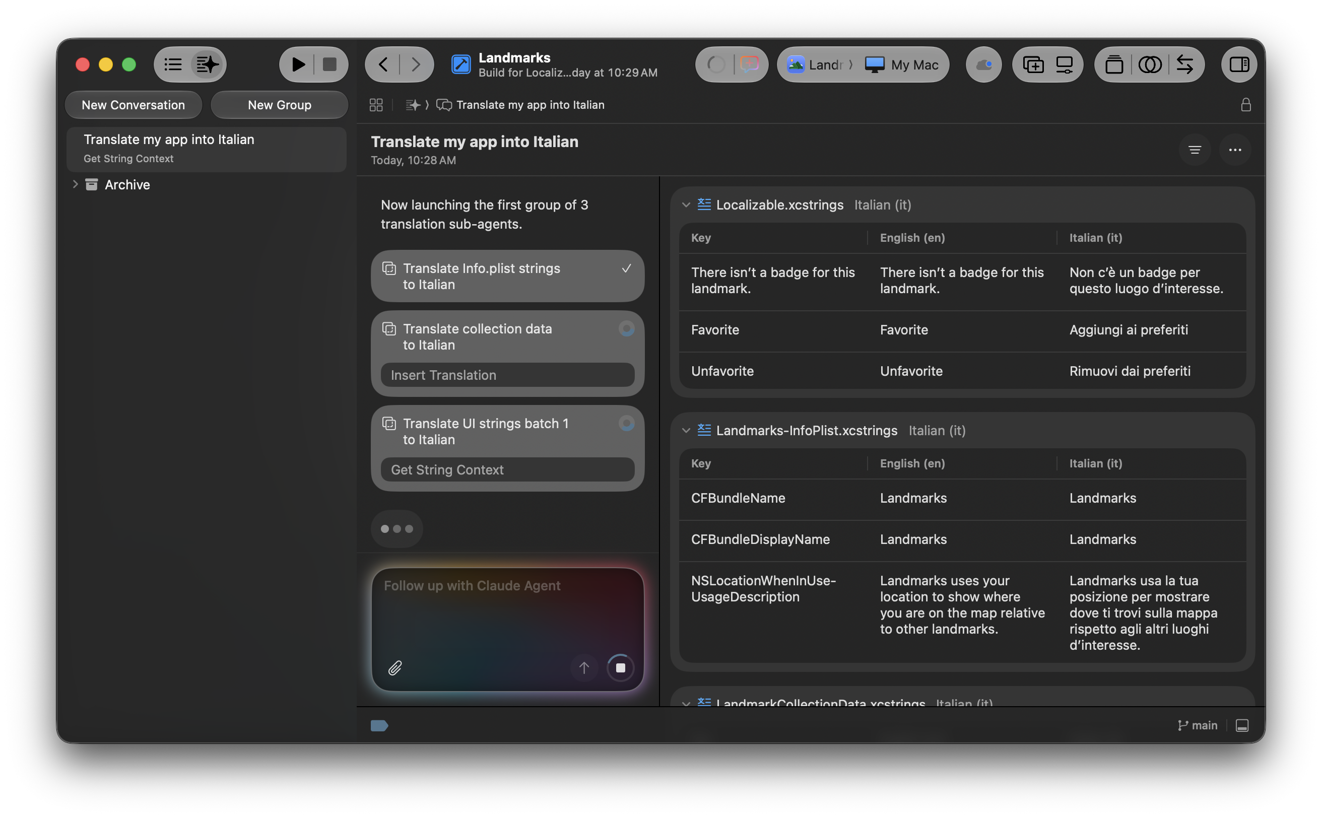 Xcode 27 translation conversation pane showing three sub-agents running in parallel to translate an iOS app into Italian, with Insert Translation and Get String Context tool calls visible, and Italian translations landing in Localizable.xcstrings on the right