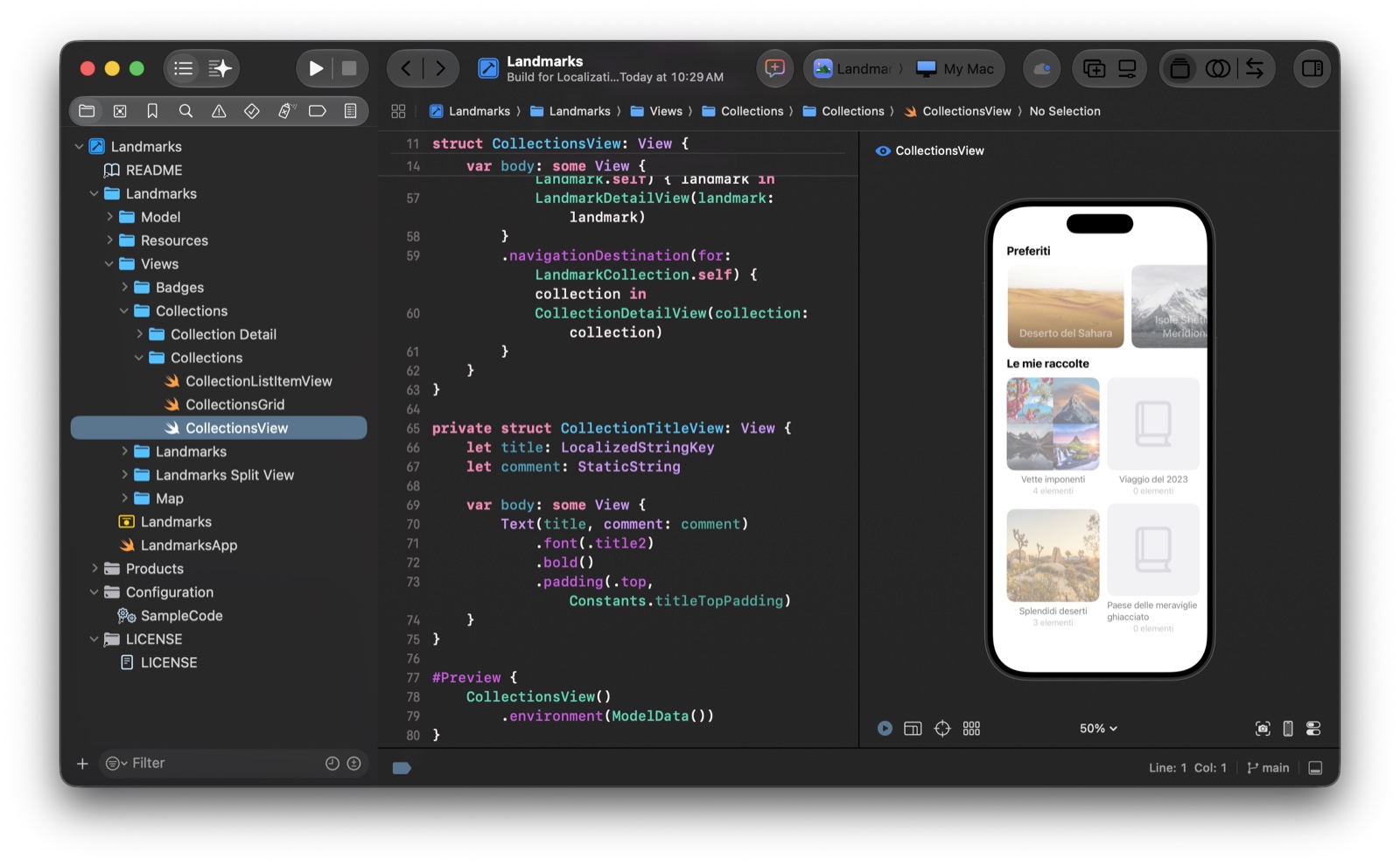 Xcode editor showing a SwiftUI preview rendering an iOS app in Italian, with localized section titles Preferiti for Favorites and Le mie raccolte for My Collections above a grid of collection cards