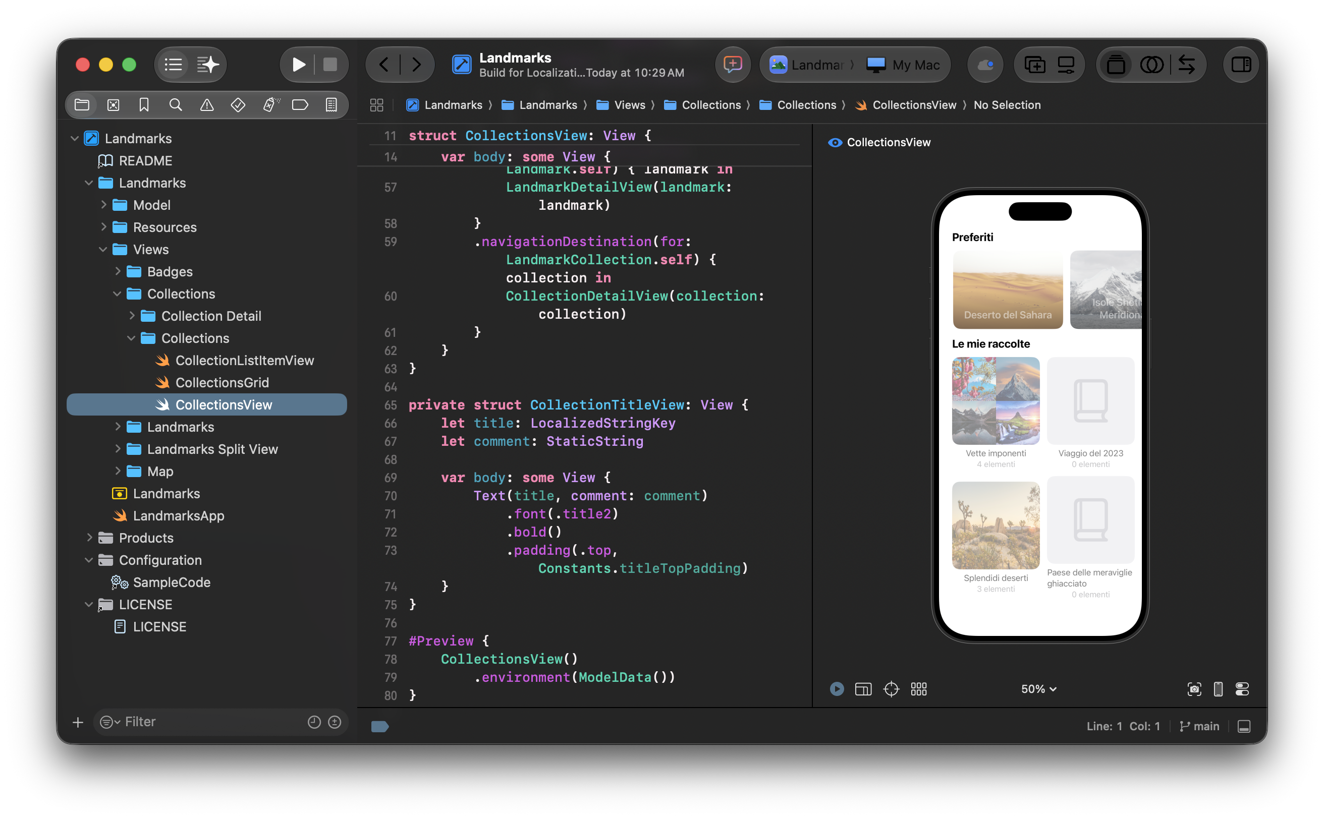 Xcode editor showing a SwiftUI preview rendering an iOS app in Italian, with localized section titles Preferiti for Favorites and Le mie raccolte for My Collections above a grid of collection cards