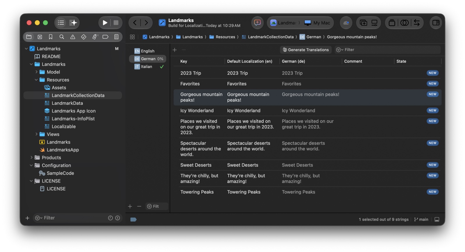 Xcode String Catalog editor showing the LandmarkCollectionData catalog with English source strings on the left, pending German translations on the right, and NEW state markers next to each entry awaiting review