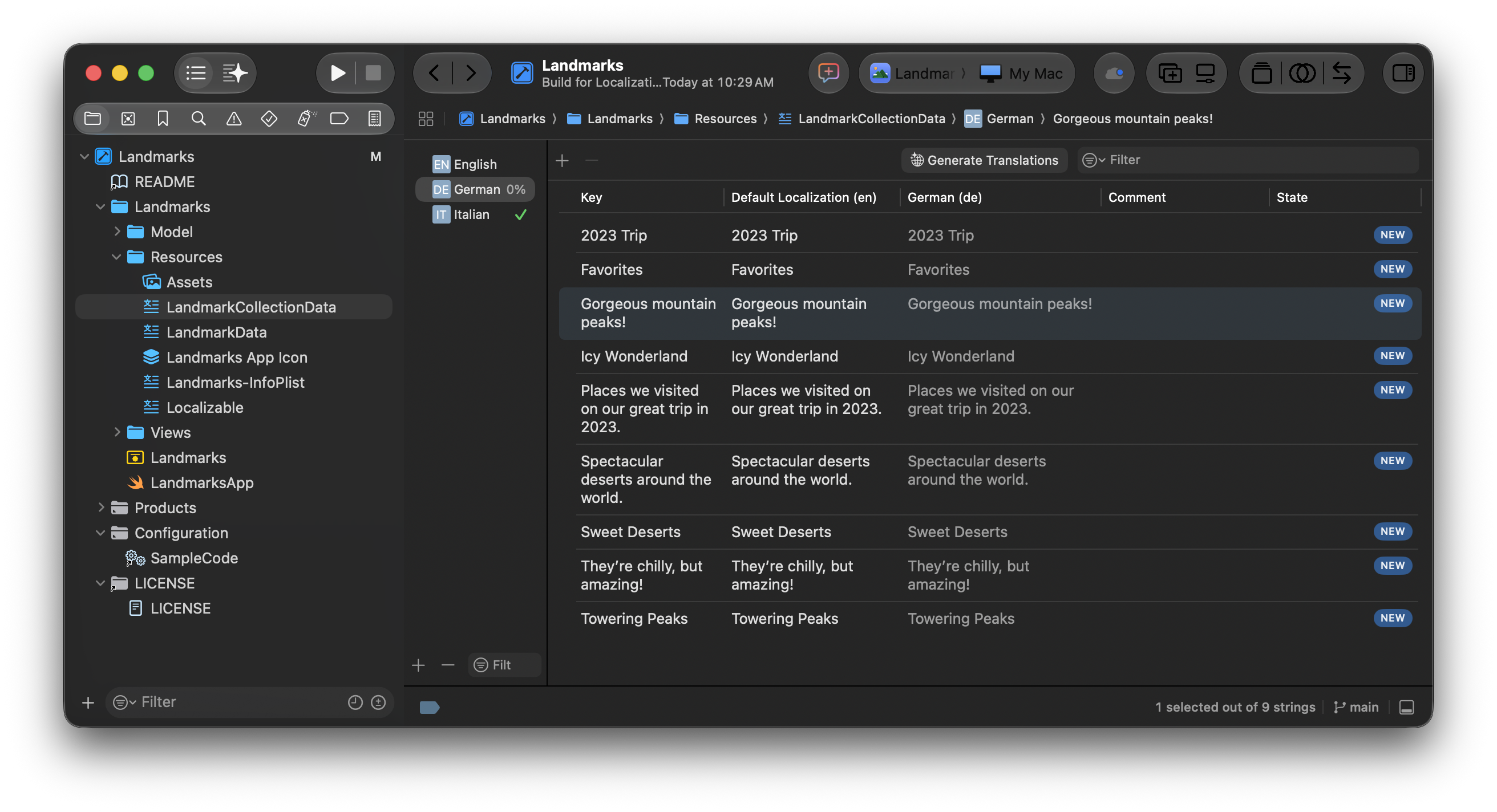 Xcode String Catalog editor showing the LandmarkCollectionData catalog with English source strings on the left, pending German translations on the right, and NEW state markers next to each entry awaiting review